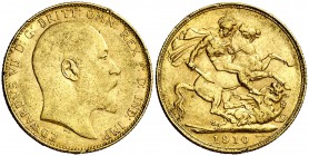 1910. Australia. Eduardo VII. P (Perth). 1 libra. (Fr. 34) (Kr. 15). 7,97 g. AU. Golpecitos. MBC/MBC+.