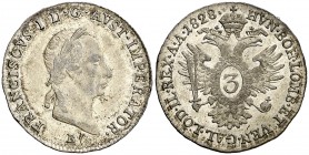1828. Austria. Francisco I. B (Kremnitz). 3 kreuzer. (Kr. 2119). 1,75 g. AG. Bella. EBC+.