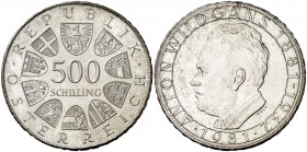 1981. Austria. 500 chelines. (Kr. 2952). 23,91 g. AG. Antón Wildgans, escritor. S/C.