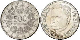 1981. Austria. 500 chelines. (Kr. 2953). 24,08 g. AG. Otto Baver, político. S/C-.