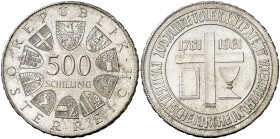 1981. Austria. 500 chelines. (Kr. 2954). 23,86 g. AG. 200º Aniversario de Libertad religiosa. S/C.