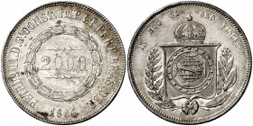 1864. Brasil. Pedro II. 2000 reis. (Kr. 466). 25,44 g. AG. Golpecitos y rayitas. MBC+.