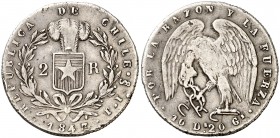 1843. Chile. Santiago. IJ. 2 reales. (Kr. 100.2). 5,77 g. AG. MBC/MBC-.