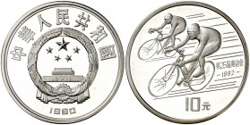 1990. China. 10 yuan. (Kr. 300). 29,92 g. AG. Juegos Olímpicos - Barcelona '92. Ciclistas. Proof.