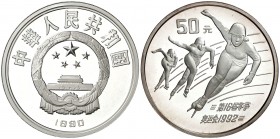 1990. China. 50 yuan. (Kr. 297). 155,66 g. AG. Juegos Olímpicos de invierno - Albertville '92. Patinadoras. Rara. Proof.