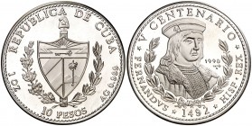 1990. Cuba. 10 pesos. (Kr. 263). 31,02 g. AG. V Centenario - Fernando el Católico. Acuñación de 5000 ejemplares. Proof.