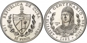 1990. Cuba. 10 pesos. (Kr. 264). 31,08 g. AG. V Centenario - Isabel la Católica. Acuñación de 5000 ejemplares. Proof.