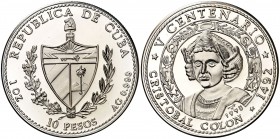 1990. Cuba. 10 pesos. (Kr. 265). 31,07 g. AG. V Centenario - Cristóbal Colón. Acuñación de 5000 ejemplares. Proof.
