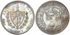 1990. Cuba. 50 pesos. (Kr. 294). 155,52 g. AG. V Centenario - Cristóbal Colón. Acuñación de 2000 ejemplares. Proof.