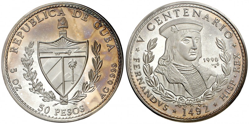 1990. Cuba. 50 pesos. (Kr. 295). 156,14 g. AG. V Centenario - Fernando el Católi...