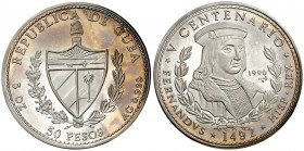 1990. Cuba. 50 pesos. (Kr. 295). 156,14 g. AG. V Centenario - Fernando el Católico. Acuñación de 2000 ejemplares. Proof.