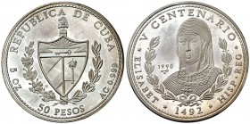 1990. Cuba. 50 pesos. (Kr. 296). 155,66 g. AG. V Centenario - Isabel la Católica. Acuñación de 2000 ejemplares. Proof.