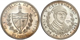 1990. Cuba. 50 pesos. (Kr. 297). 155,47 g. AG. V Centenario - Juan de la Cosa. Acuñación de 2000 ejemplares. Proof.