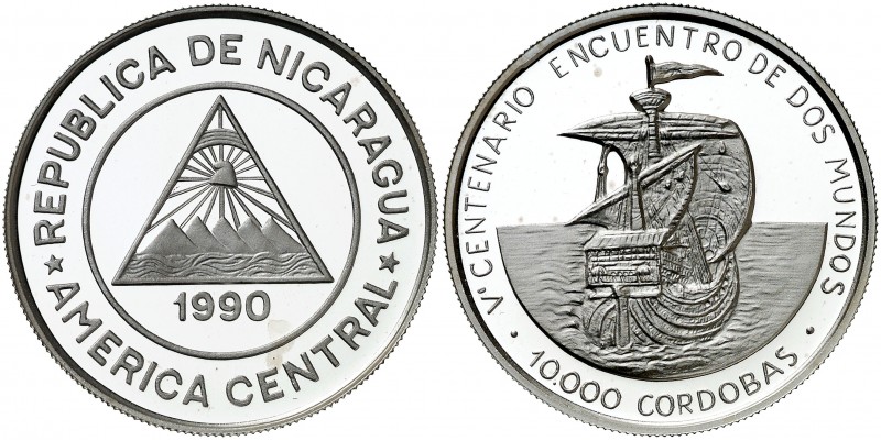 1990. Nicaragua. 10000 córdobas. (Kr. 67). 19,98 g. AG. V Centenario. Proof.