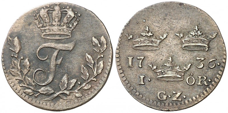 1736. Suecia. Federico I. GZ. 1 öre. (Kr. 382). 1,21 g. Vellón. MBC+.