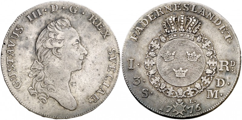 1776. Suecia. Gustavo III. OL. 1 riksdaler. (Kr. 514). 28,77 g. AG. Rara. MBC.