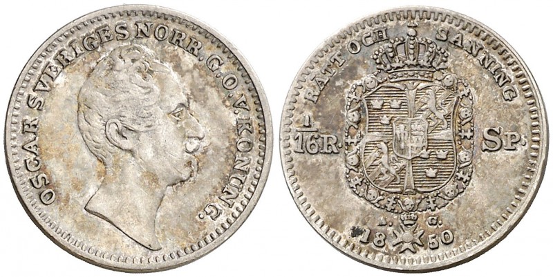 1850. Suecia. Óscar I. AG. 1/16 riksdaler. (Kr. 665). 2,10 g. AG. MBC/MBC+.