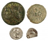Lote formado por 1 hemidracma de Arsgitar (Sagunt), 1 quinario de Adriano, 1 semis de Ibsim (Eivissa) y 1 bronce griego. Total 4 monedas. A examinar. ...