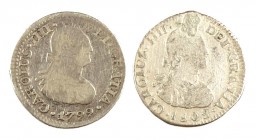 1799 y 1808. Carlos IV. México y Potosí. 1/2 real . Lote de 2 monedas, una con perforación tapada. A examinar. BC/BC+.