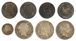Lote formado por 1 real de Carlos IV de México (cuatro), 1 real, 40 céntimos de escudo y 4 reales (dos) de Isabel II. Total 8 monedas. A examinar. BC/...