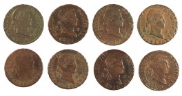 1825 y 1827 a 1833. Fernando VII. Segovia. 2 maravedís. Lote de 8 monedas, todas distintas. A examinar. BC+/MBC+.