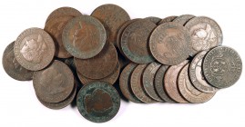 1866 a 1868. Isabel II. Barcelona. 5 céntimos de escudo. Lote de 33 monedas falsas de época. A examinar. BC/MBC+.