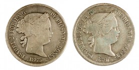 1865 y 1867. Isabel II. Madrid. 40 céntimos de escudo. (AC. 500 y 502). Lote de 2 monedas. A examinar. BC/MBC-.