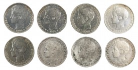 1896*1896 a 1902*----. Alfonso XIII. 1 peseta. Lote de 8 monedas. A examinar. BC+/MBC+.