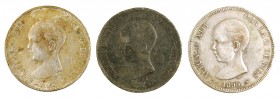 1890 y 1891. Alfonso XIII. Lote de 3 duros falsos de época en diversos metales. A examinar. BC/MBC.