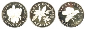 1980 y 1981 (dos). Cuba. 5 pesos. (Kr. 49, 69 y 70). Flora cubana: mariposa, azahar y orquídea. Lote de 3 monedas. A examinar. Proof.