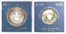 1975. Cuba. 5 y 10 pesos. (Kr. 36 y 37). XXV Aniversario del Banco Nacional de Cuba. En estuche con certificado. Total 2 monedas. A examinar. Proof.