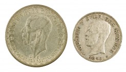 1936 y 1950. Suecia. Gustavo V. TS. 1 y 2 coronas. Lote de 2 monedas. A examinar. MBC+/EBC+.