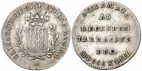 1843. Isabel II. Tarragona. Mayoría de edad. (Ha. 19) (V. falta) (V.Q. 13427) (Cru.Medalles 267). 2,50 g. Ø21 mm. Plata. MBC+.