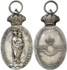 s/d. Asociación de Damas de Nuestra Señora de Loreto. Medalla del Ejército del Aire. 16,13 g. 29x53 mm. Plata. Ovalada, con corona soldada y anilla. M...
