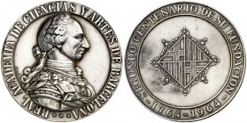 1764-1964. Barcelona. Segundo Centenario de la Fundación de la Real Academia de Ciencias y Artes. Medalla. 53,76 g. Ø44 mm. Plata. Grabador: Marès. Ma...