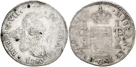 1860. Botón. (BCH. E33). 5,74 g. Ø29 mm. Vellón. Imitación de un 2 reales de Fernando VII, Lima JP, de fecha imposible. Firmado: Argüello. Restos de s...
