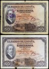 1927. 50 pesetas. (Ed. B110 y B115) (Ed. 326 y 332) 17 de mayo, Alfonso XIII. 2 billetes, uno con sello tampón REPÚBLICA ESPAÑOLA en vertical. BC/BC+....