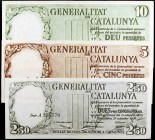1936. Generalitat de Catalunya. 2,50 (serie A, negro), 5 y 10 pesetas. (Ed. C23 a C25) (Ed. 372 a 374). 25 de septiembre. 3 billetes. Doblez central, ...