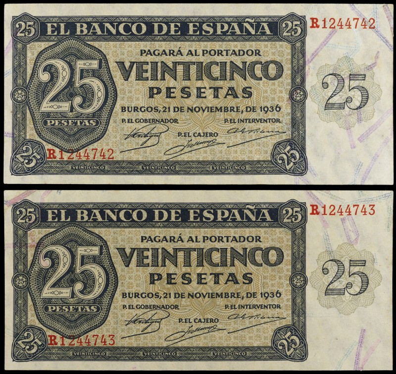 1936. Burgos. 25 pesetas. (Ed. D20a) (Ed. 419a). 21 de noviembre. Pareja correla...