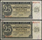 1936. Burgos. 25 pesetas. (Ed. D20a) (Ed. 419a). 21 de noviembre. Pareja correlativa, serie R. Raros así. S/C-.