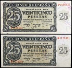 1936. Burgos. 25 pesetas. (Ed. D20a) (Ed. 419a). 21 de noviembre. 2 billetes, series P y R. Doblez central. MBC+.