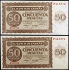 1936. Burgos. 50 pesetas. (Ed. D21a) (Ed. 420a). 21 de noviembre. Pareja correlativa, serie P. Doblez central. EBC.