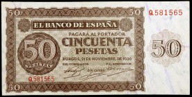 1936. Burgos. 50 pesetas. (Ed. D21a) (Ed. 420a). 21 de noviembre. Serie Q. Ondulaciones. Esquinas rozadas. Con apresto. EBC+.