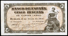 1937. Burgos. 5 pesetas. (Ed. D25a) (Ed. 424a). 18 de julio. Serie C. Doblez central. Escaso. MBC+.