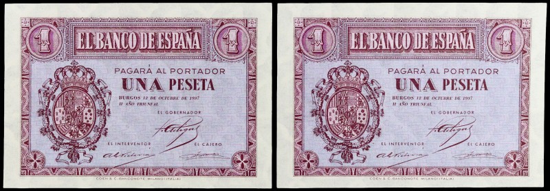 1937. Burgos. 1 peseta. (Ed. D26a) (Ed. 425a). 12 de octubre. Pareja correlativa...