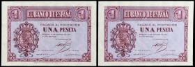 1937. Burgos. 1 peseta. (Ed. D26a) (Ed. 425a). 12 de octubre. Pareja correlativa, serie C. Esquinas rozadas. EBC/EBC+.