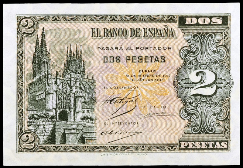 1937. Burgos. 2 pesetas. (Ed. D27) (Ed. 426). 12 de octubre. Serie A. Esquinas y...