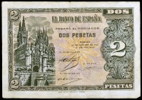 1937. Burgos. 2 pesetas. (Ed. 27a) (Ed. 426a). 12 de octubre. Serie B. Doblez. Raro. BC+.