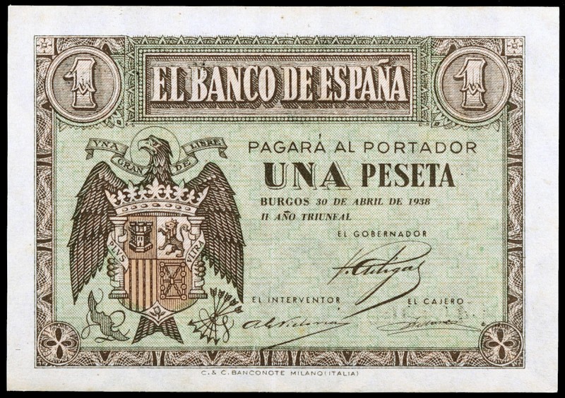 1938. Burgos. 1 peseta. (Ed. D29a) (Ed. 428a). 30 de abril. Serie M. Esquinas ro...