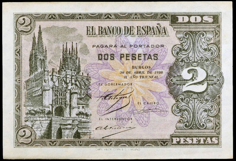 1938. Burgos. 2 pesetas. (Ed. D30a) (Ed. 429a). 30 de abril. Serie H. Esquinas c...